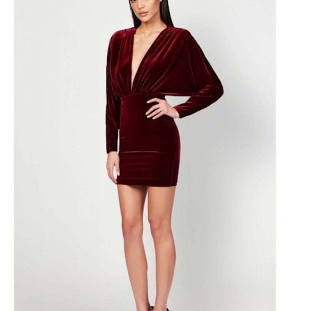 Nookie‎ Rumi Wine Mini Dress Velvet Long Sleeve Bodycon Party Cocktail Size M